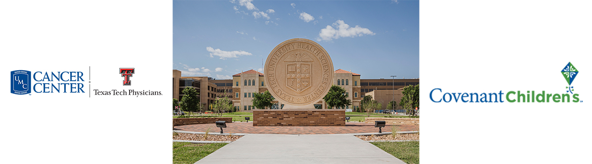 TTUHSC logo on the left with an image of the Lubbock Academic Center in the middle and Covenant Children's hospital logo on the right.